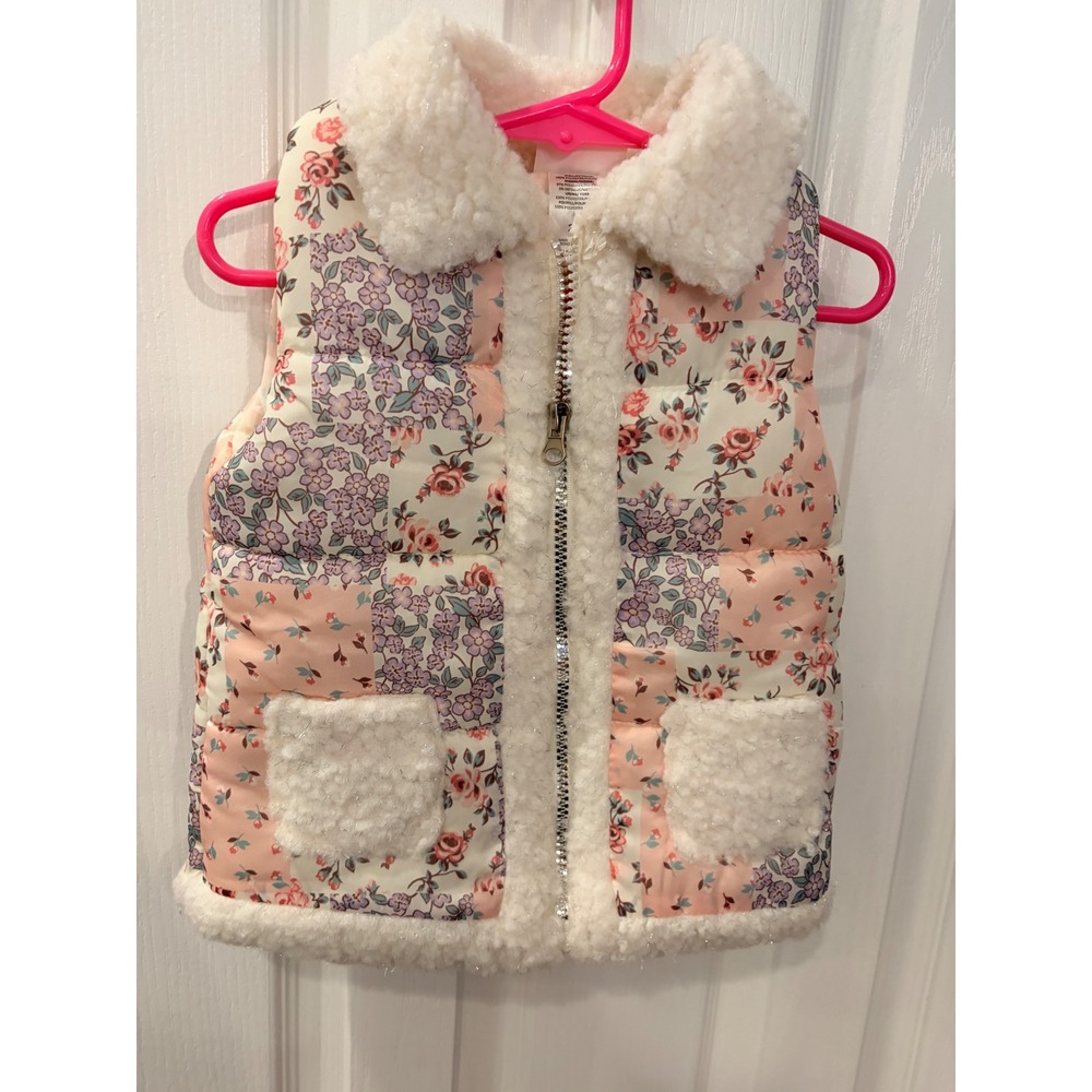 Little Lass Puffer Vest Pink Floral Patchwork Sherpa Trim Sparkle Toddler 24M